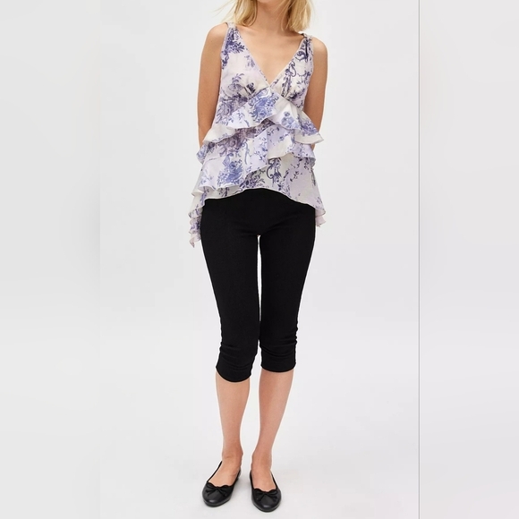 Ecote Debbie Asymmetrical Tiered Ruffle Tunic Tank Top, Blue Floral Motif, XS - Picture 4 of 9